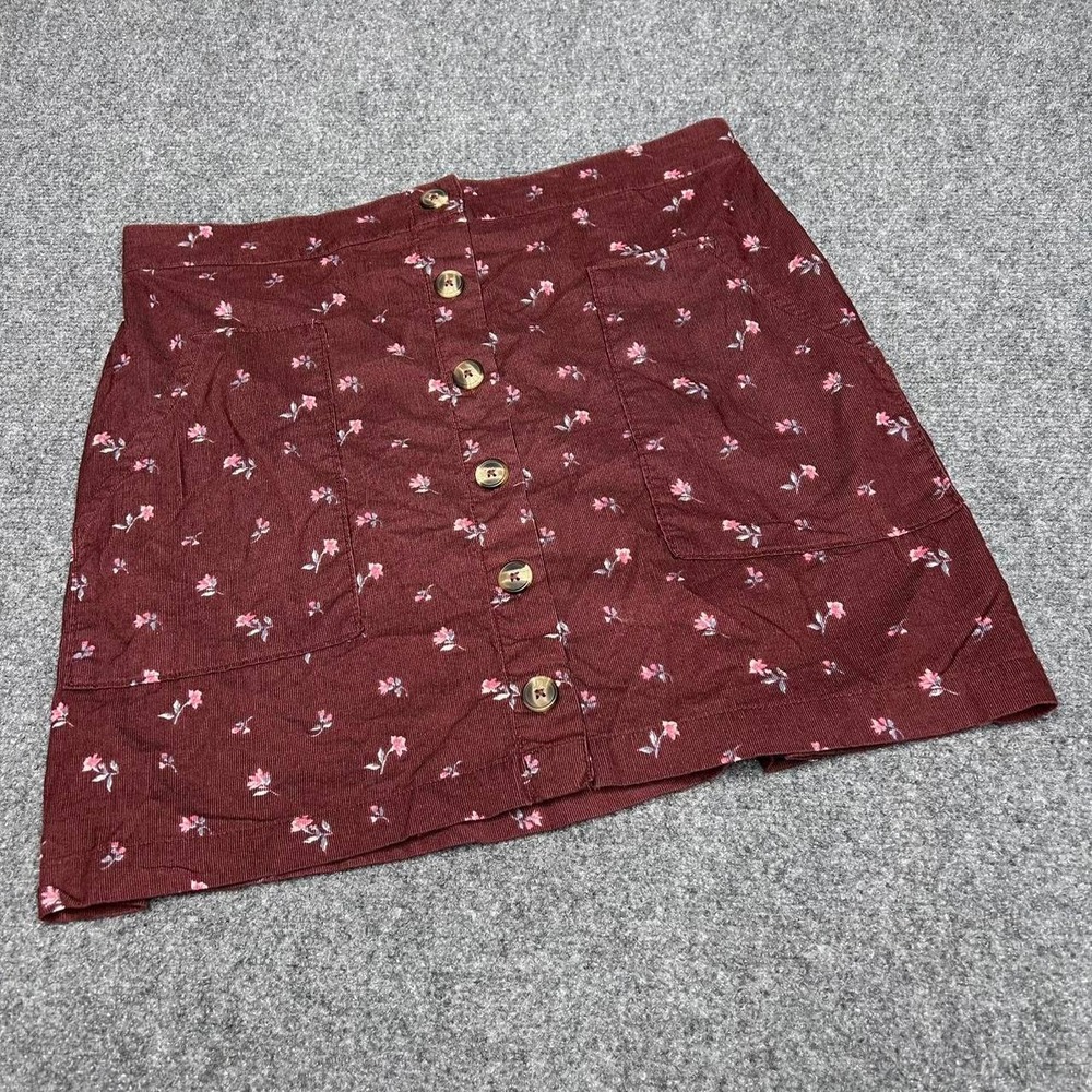 American Eagle burgundy corduroy floral mini skirt with button front Size Large - Picture 1 of 7